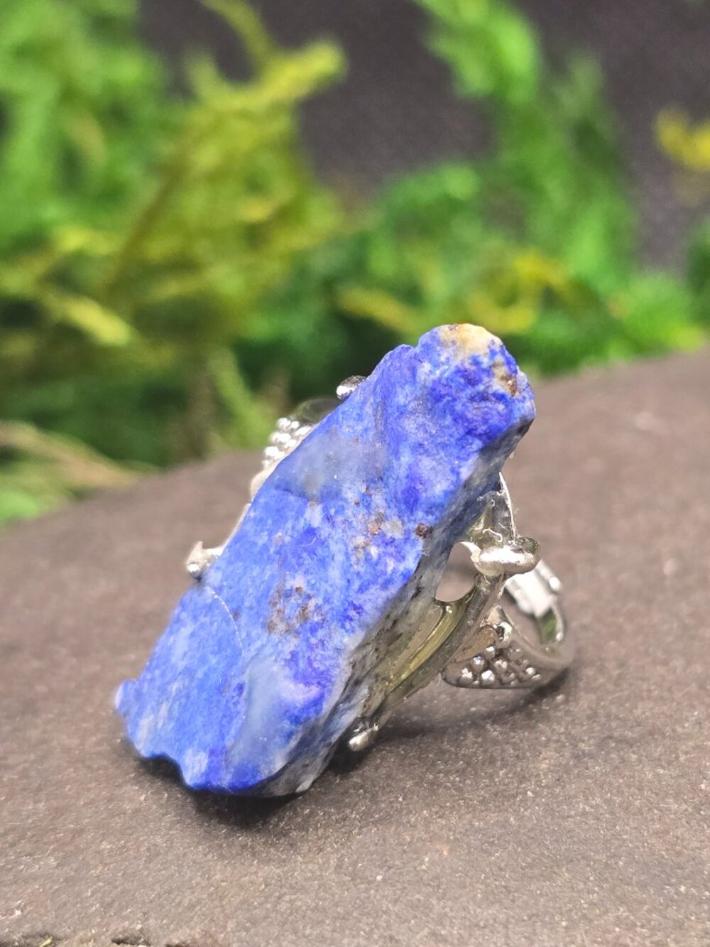 Raw Lapis Lazuli Adjustable Ring Size 6-10 Blue Crystal Silver Tone Jewelry